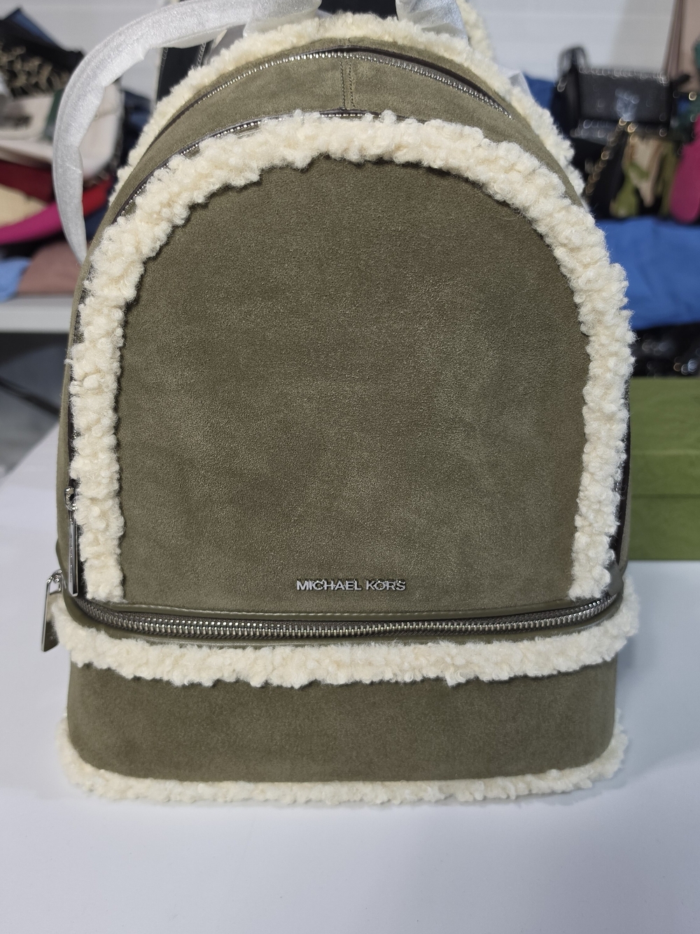 MICHAEL KORS Olive Suede Shearling Trim Backpack
